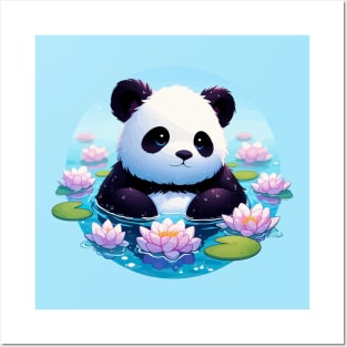 Cute Anime Panda Bear Bath With Water Lily Posters and Art